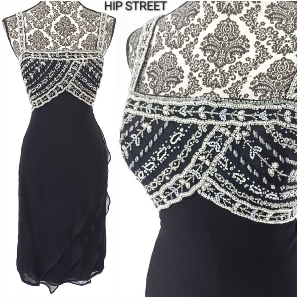 MONTAGE BY MON CHERI Dress Beaded Top Silk Chiffon Panels Cocktail Party 12